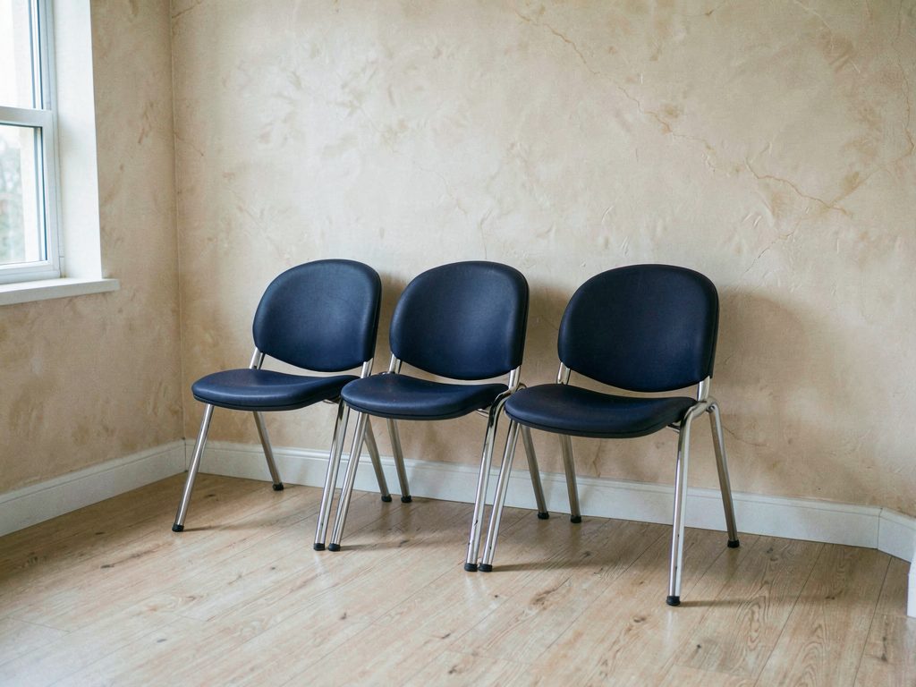 The waiting area at Second Creek Physiotherapy, navy chairs against a bone plaster wall